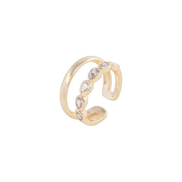 Gold Double Ring with 4 Small Hearts and Rhinestones